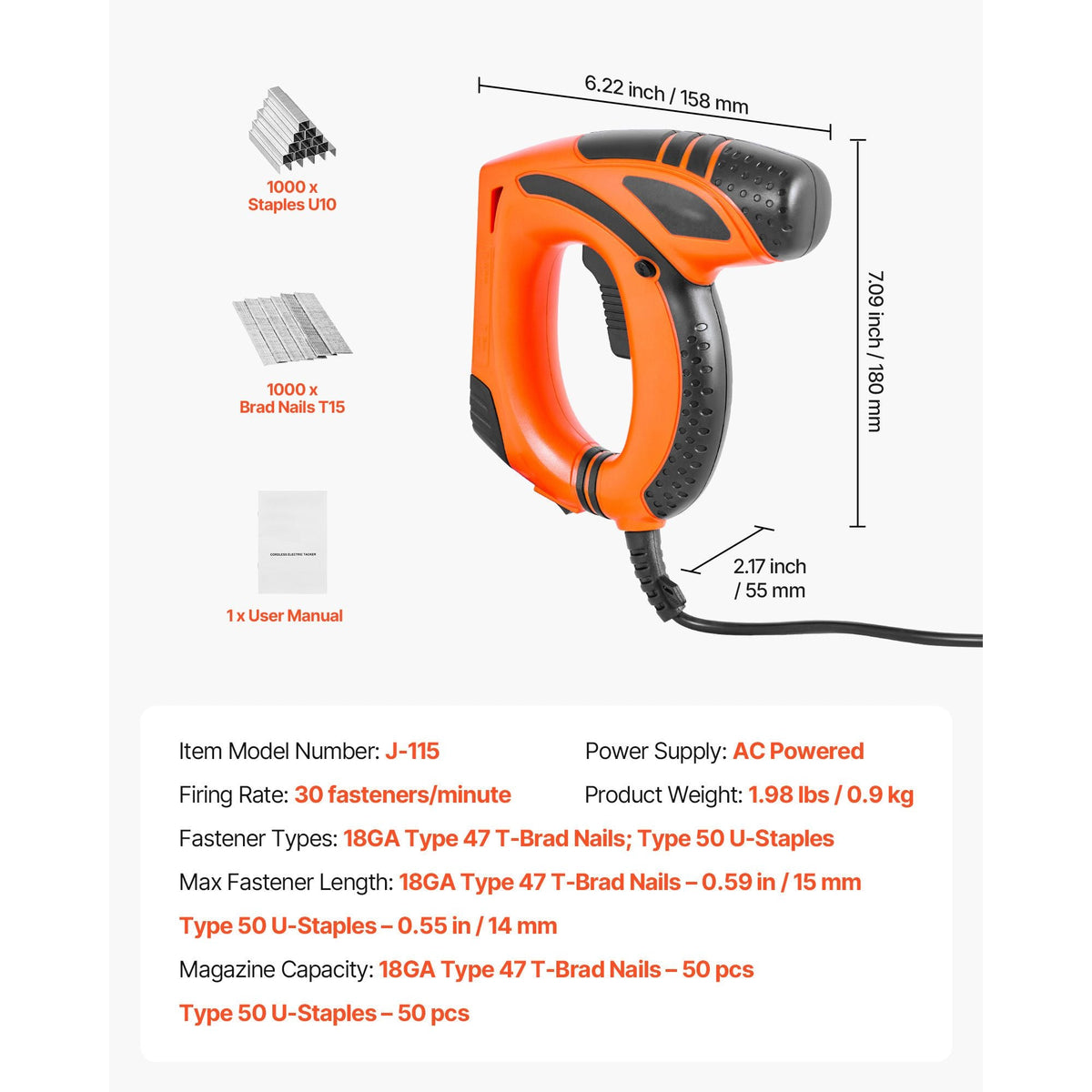 Electric Nail Gun, 2-in-1 Staple Gun Brad Nailer, 18 Gauge 5/8 inch, Stapler Brad Nailer with 1000 Pcs Staples and 1000 Pcs Nails, Non-Slip Rubber Grip, for Woodworking and DIY Projects