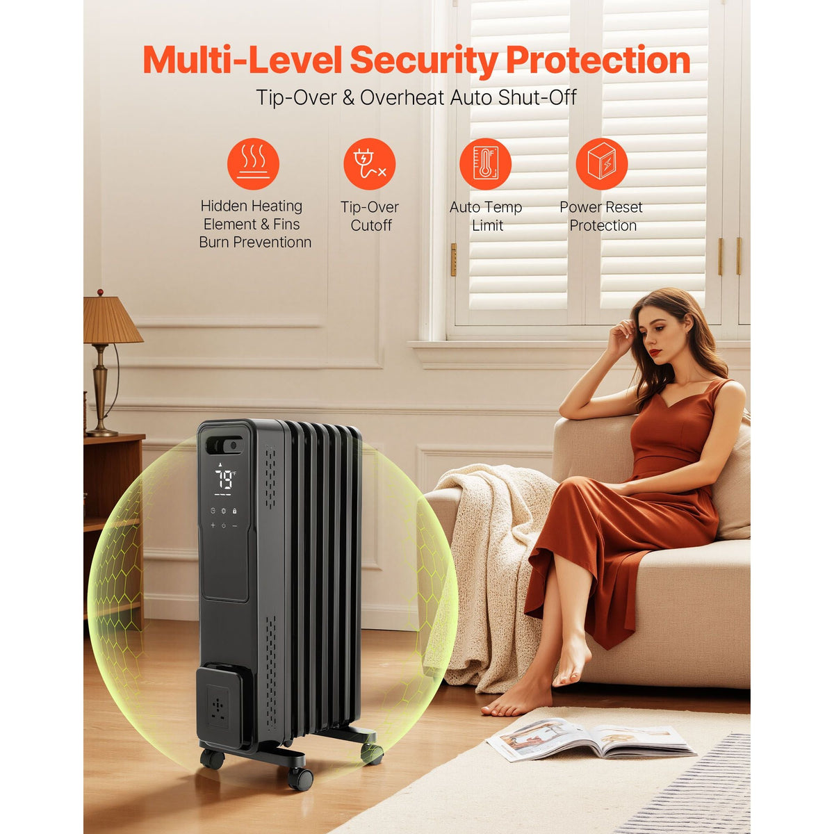 Electric Oil Filled Radiator, 1500W Radiant Space Heater with Dual U-shaped Heating Tubes, Over-Heat Protections,3 Heat Settings,24h Timer, Flexible Casters, Remote Control for Indoor,Black