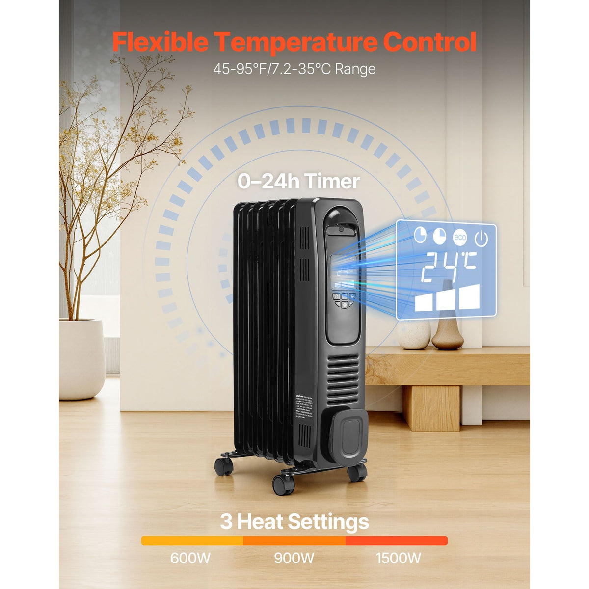 Electric Oil Filled Radiator, 1500W Radiant Space Heater with LED Screen, Over-Heat Protections,24h Timer, Portable Handle Casters, Thermostat,Remote Control for Indoor Use,Black
