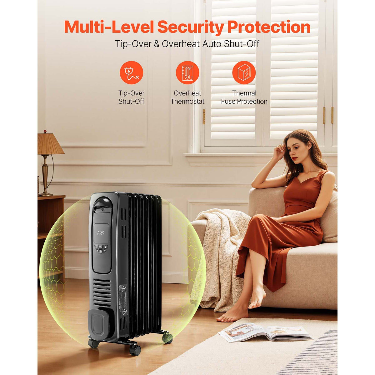 Electric Oil Filled Radiator, 1500W Radiant Space Heater with LED Screen, Over-Heat Protections,24h Timer, Portable Handle Casters, Thermostat,Remote Control for Indoor Use,Black