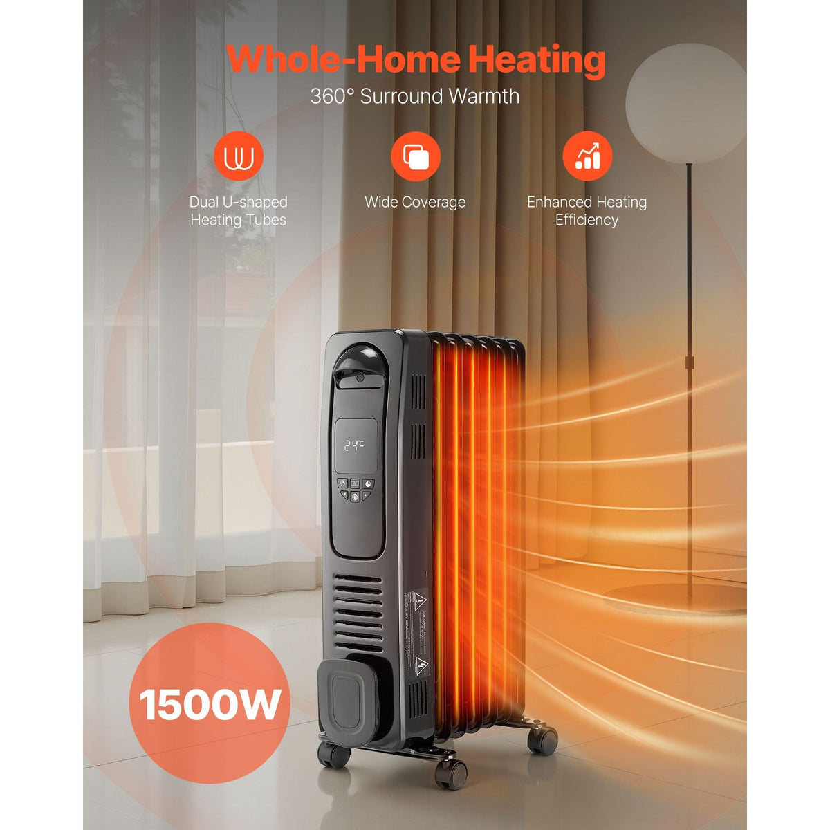 Electric Oil Filled Radiator, 1500W Radiant Space Heater with LED Screen, Over-Heat Protections,24h Timer, Portable Handle Casters, Thermostat,Remote Control for Indoor Use,Black