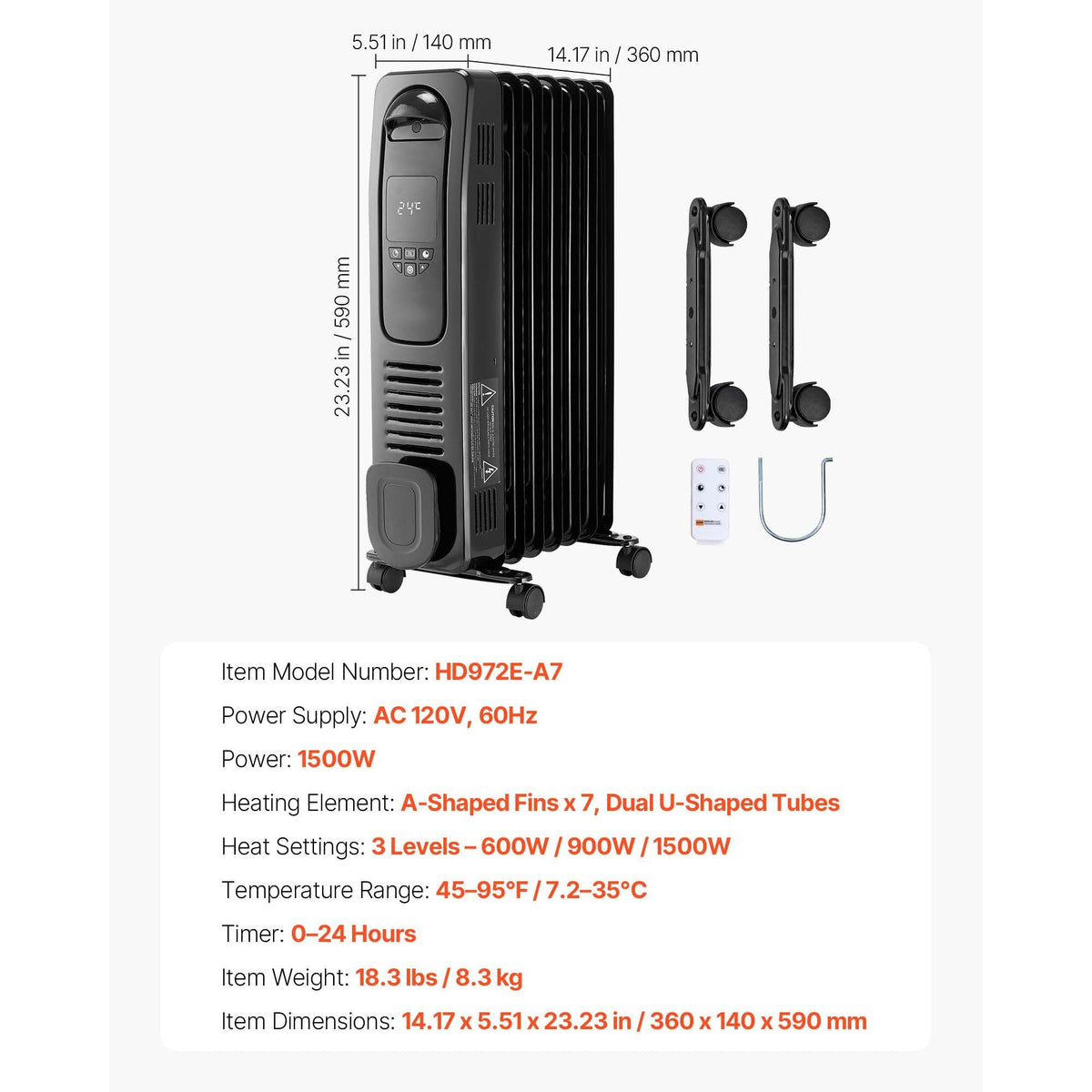 Electric Oil Filled Radiator, 1500W Radiant Space Heater with LED Screen, Over-Heat Protections,24h Timer, Portable Handle Casters, Thermostat,Remote Control for Indoor Use,Black
