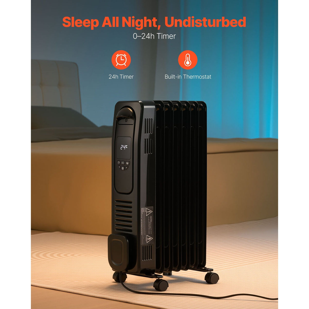 Electric Oil Filled Radiator, 1500W Radiant Space Heater with LED Screen, Over-Heat Protections,24h Timer, Portable Handle Casters, Thermostat,Remote Control for Indoor Use,Black