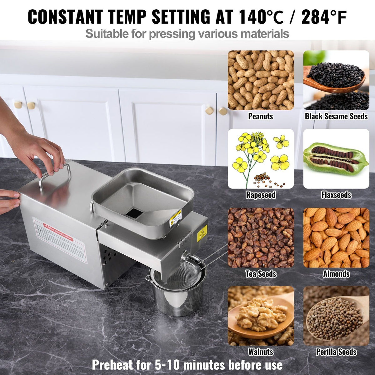 Electric Oil Press Machine, 700W Stainless Steel Oil Extractor Machine, 140 C/284 F Constant Temperature, Hot Press Oil Expeller for Pressing Peanuts, Sesame Seeds, Rapeseed, Tea Seeds