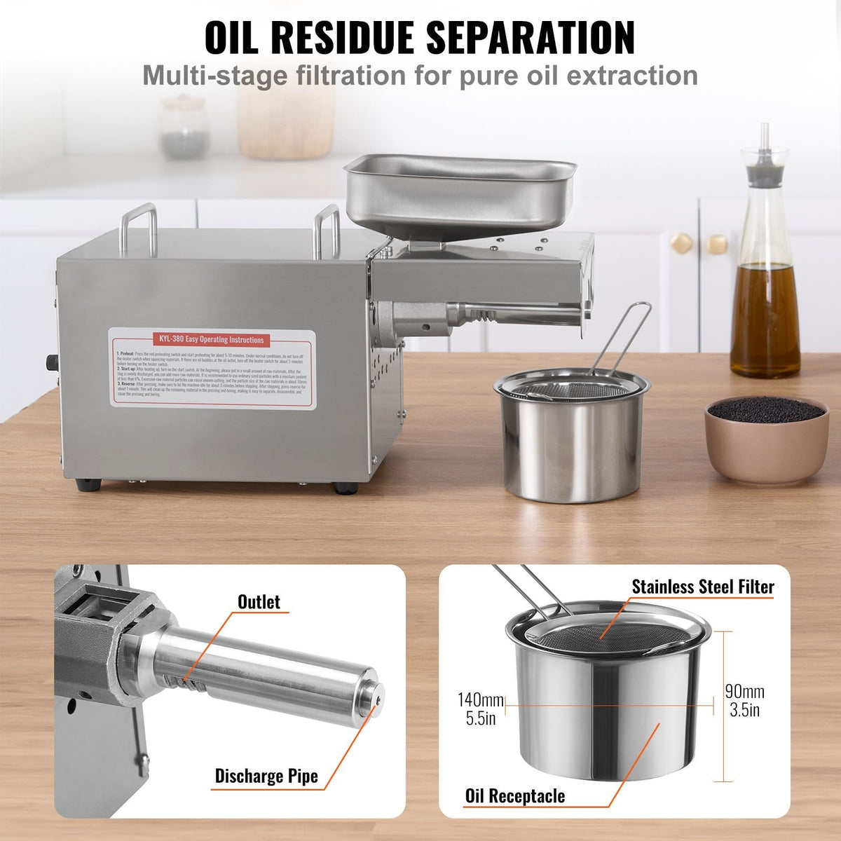 Electric Oil Press Machine, 700W Stainless Steel Oil Extractor Machine, 140 C/284 F Constant Temperature, Hot Press Oil Expeller for Pressing Peanuts, Sesame Seeds, Rapeseed, Tea Seeds