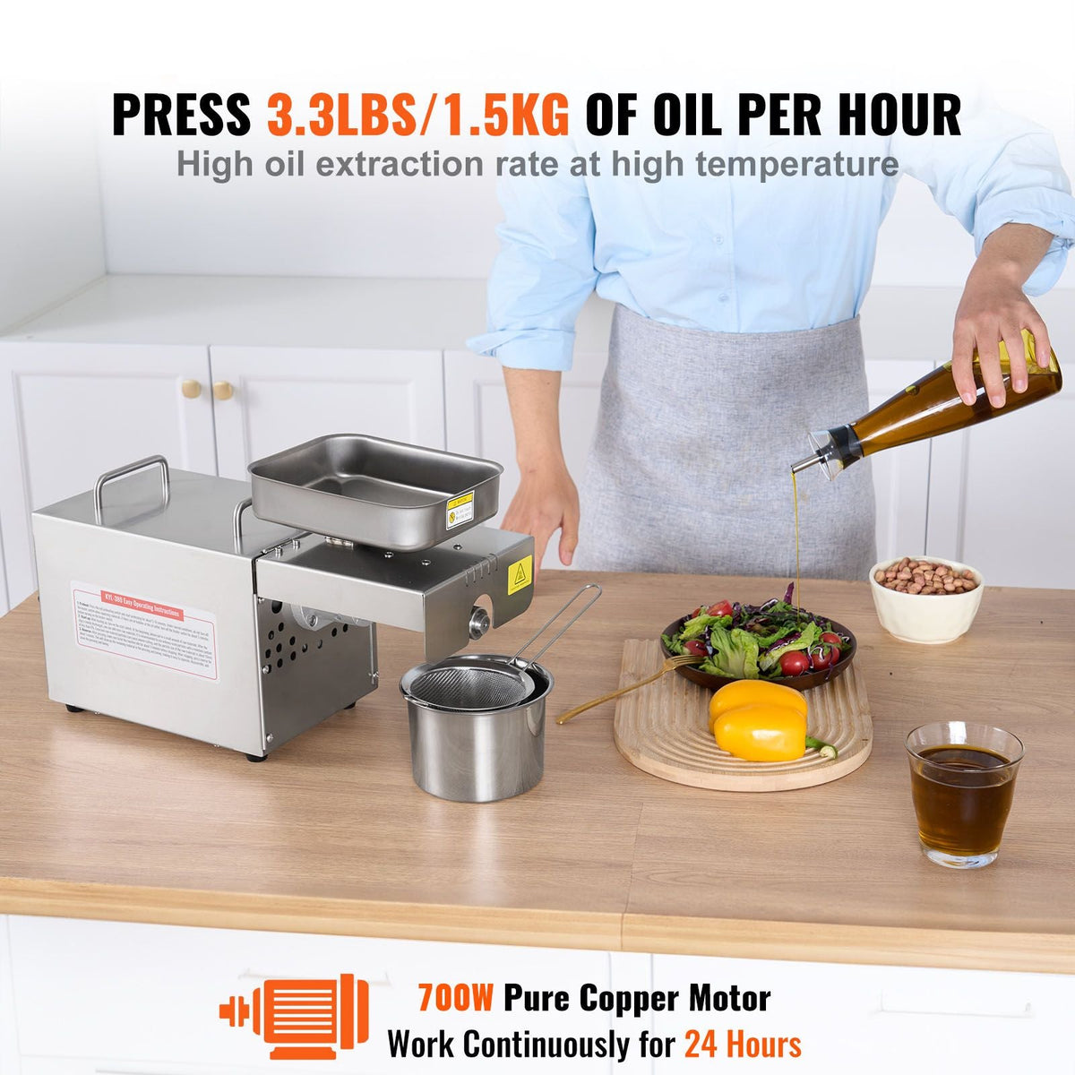 Electric Oil Press Machine, 700W Stainless Steel Oil Extractor Machine, 140 C/284 F Constant Temperature, Hot Press Oil Expeller for Pressing Peanuts, Sesame Seeds, Rapeseed, Tea Seeds
