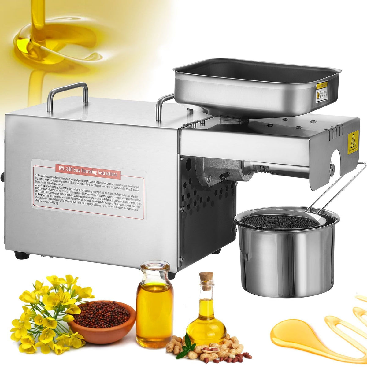 Electric Oil Press Machine, 700W Stainless Steel Oil Extractor Machine, 140 C/284 F Constant Temperature, Hot Press Oil Expeller for Pressing Peanuts, Sesame Seeds, Rapeseed, Tea Seeds
