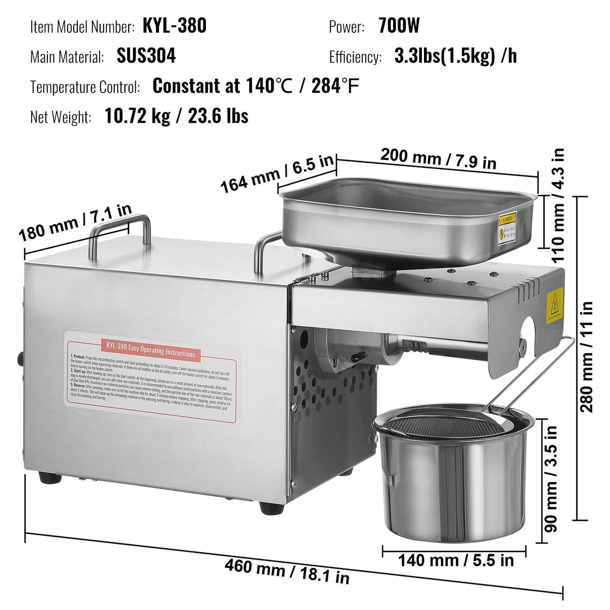 Electric Oil Press Machine, 700W Stainless Steel Oil Extractor Machine, 140 C/284 F Constant Temperature, Hot Press Oil Expeller for Pressing Peanuts, Sesame Seeds, Rapeseed, Tea Seeds