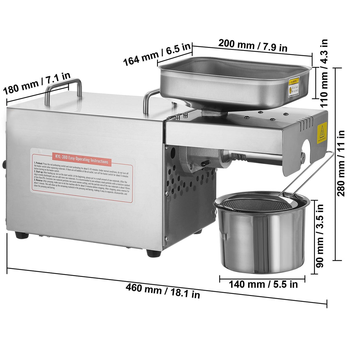 Electric Oil Press Machine, 700W Stainless Steel Oil Extractor Machine, 140 C/284 F Constant Temperature, Hot Press Oil Expeller for Pressing Peanuts, Sesame Seeds, Rapeseed, Tea Seeds