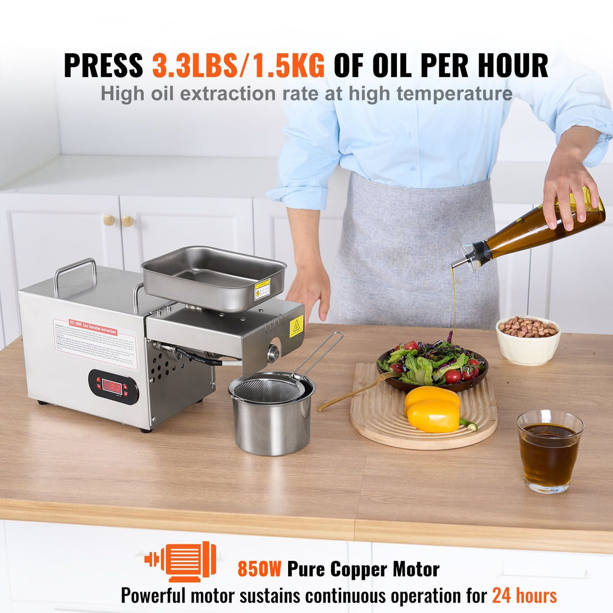 Electric Oil Press Machine, 850W Stainless Steel Oil Extractor Machine, 0-300 C / 32 - 572 F Adjustable Temp, Hot Press Oil Expeller for Pressing Peanuts, Sesame Seeds, Rapeseed, Tea Seeds