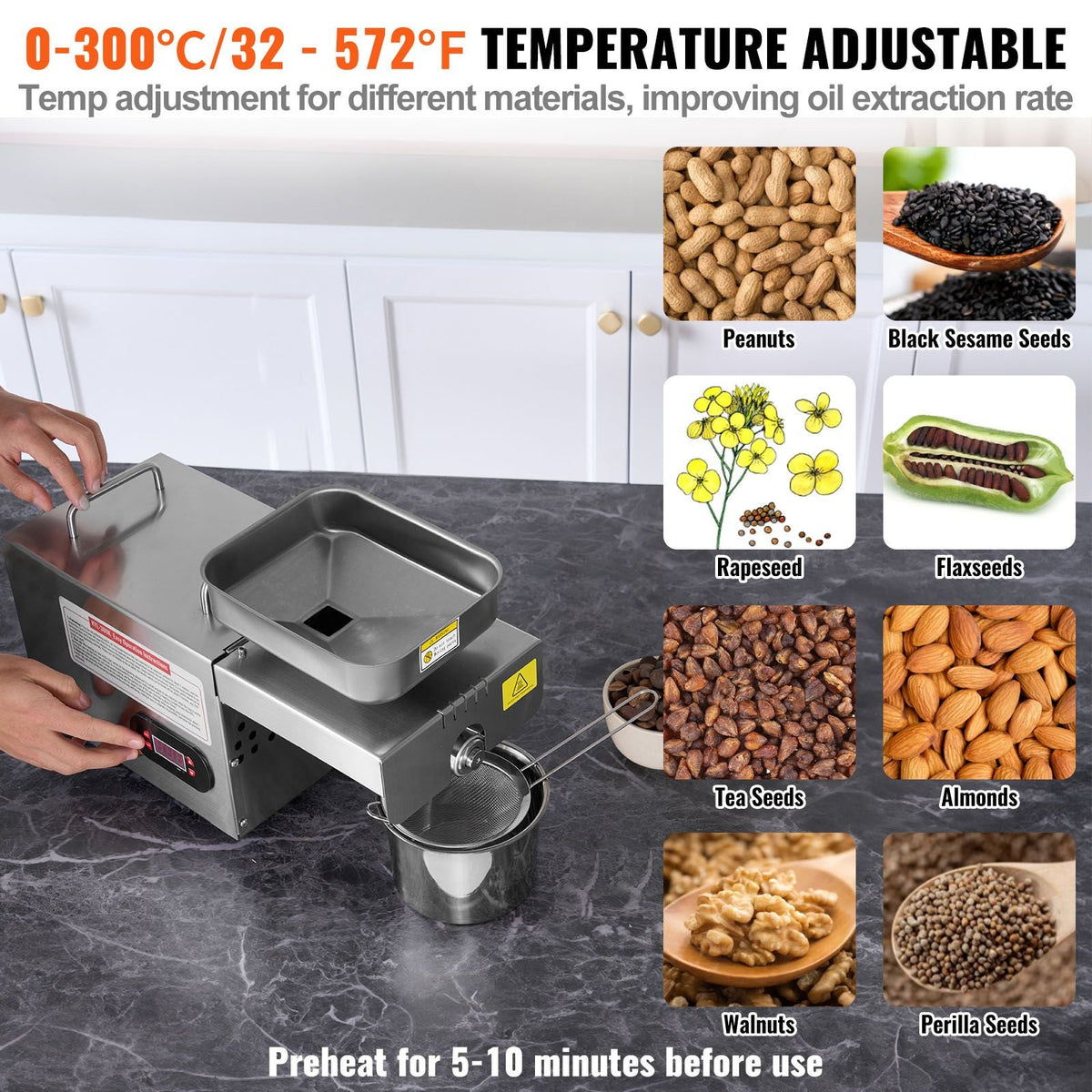 Electric Oil Press Machine, 850W Stainless Steel Oil Extractor Machine, 0-300 C / 32 - 572 F Adjustable Temp, Hot Press Oil Expeller for Pressing Peanuts, Sesame Seeds, Rapeseed, Tea Seeds