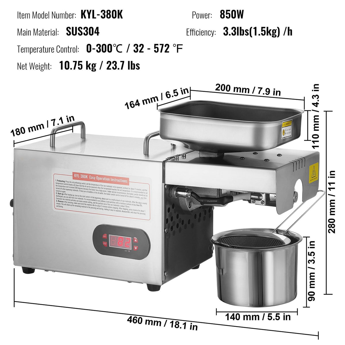Electric Oil Press Machine, 850W Stainless Steel Oil Extractor Machine, 0-300 C / 32 - 572 F Adjustable Temp, Hot Press Oil Expeller for Pressing Peanuts, Sesame Seeds, Rapeseed, Tea Seeds
