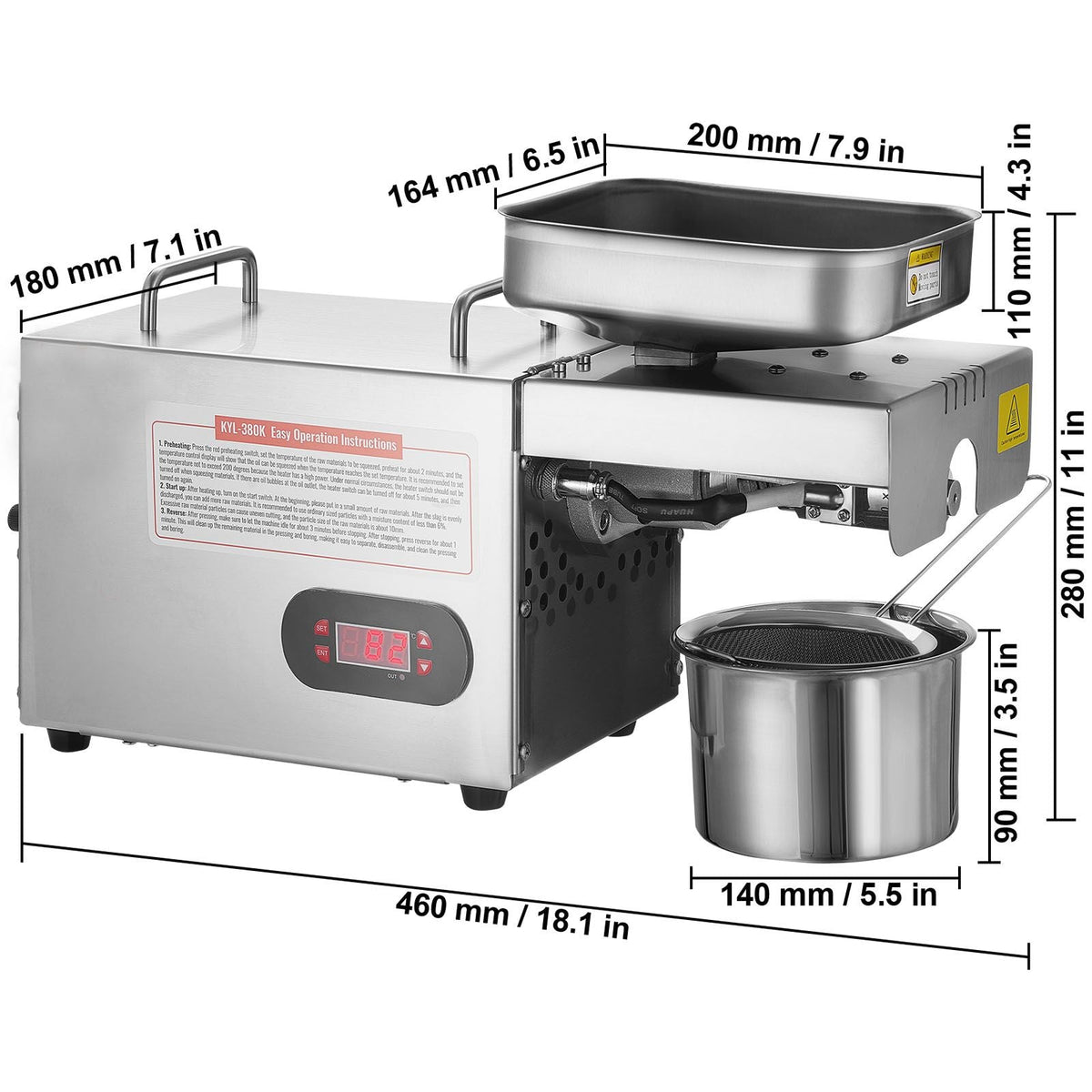 Electric Oil Press Machine, 850W Stainless Steel Oil Extractor Machine, 0-300 C / 32 - 572 F Adjustable Temp, Hot Press Oil Expeller for Pressing Peanuts, Sesame Seeds, Rapeseed, Tea Seeds