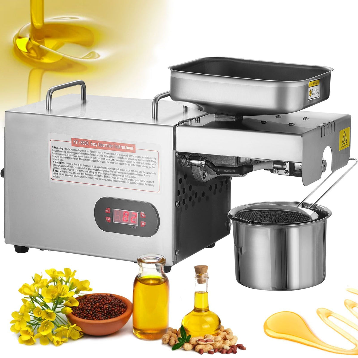 Electric Oil Press Machine, 850W Stainless Steel Oil Extractor Machine, 0-300 C / 32 - 572 F Adjustable Temp, Hot Press Oil Expeller for Pressing Peanuts, Sesame Seeds, Rapeseed, Tea Seeds