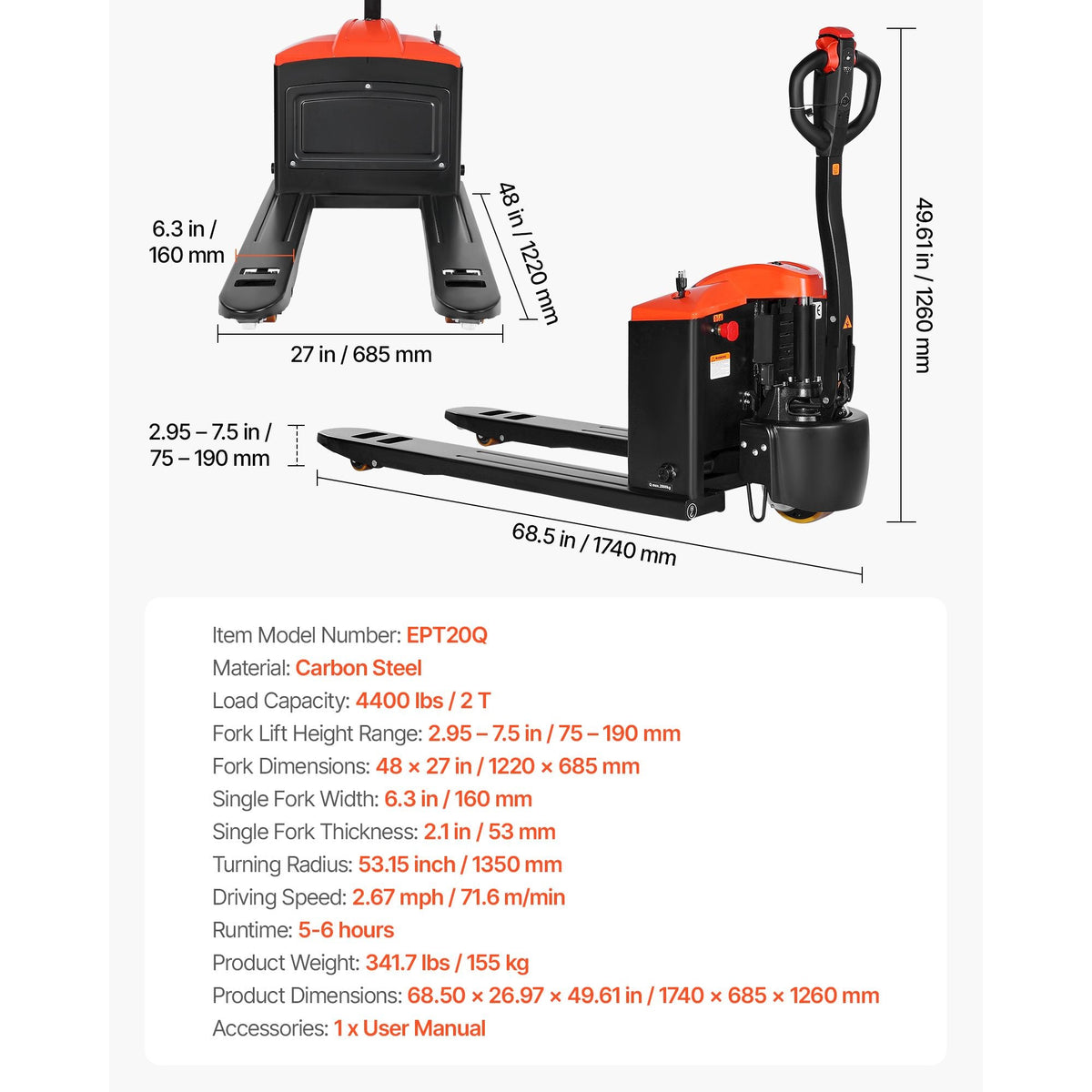 Electric Pallet Jack, 4400 lbs Load Capacity, Lithium Battery Powered Pallet Jack Truck with 48L x 27W Inch Forks for Material Handling, Suitable for Warehouse, Supermarket, Manufacturing