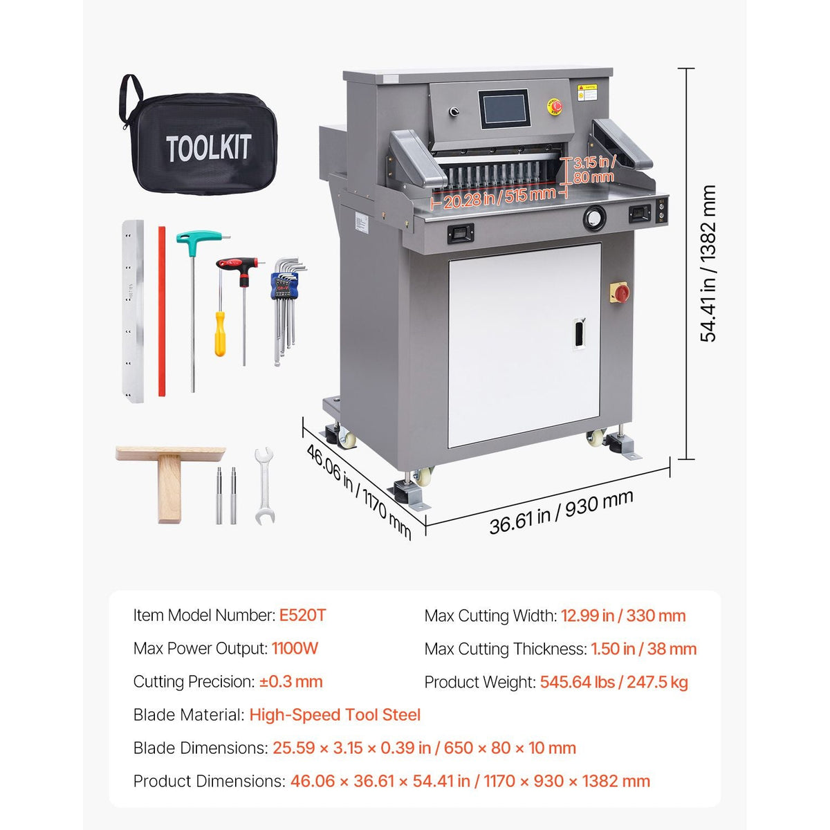 Electric Paper Cutter, 1100W Heavy Duty Paper Cutter Machine 20.3 in / 515 mm Cutting Width, 3.1 in / 80 mm Cutting Thickness, Electric Guillotine Trimmer with Casters & 7 in Touchscreen
