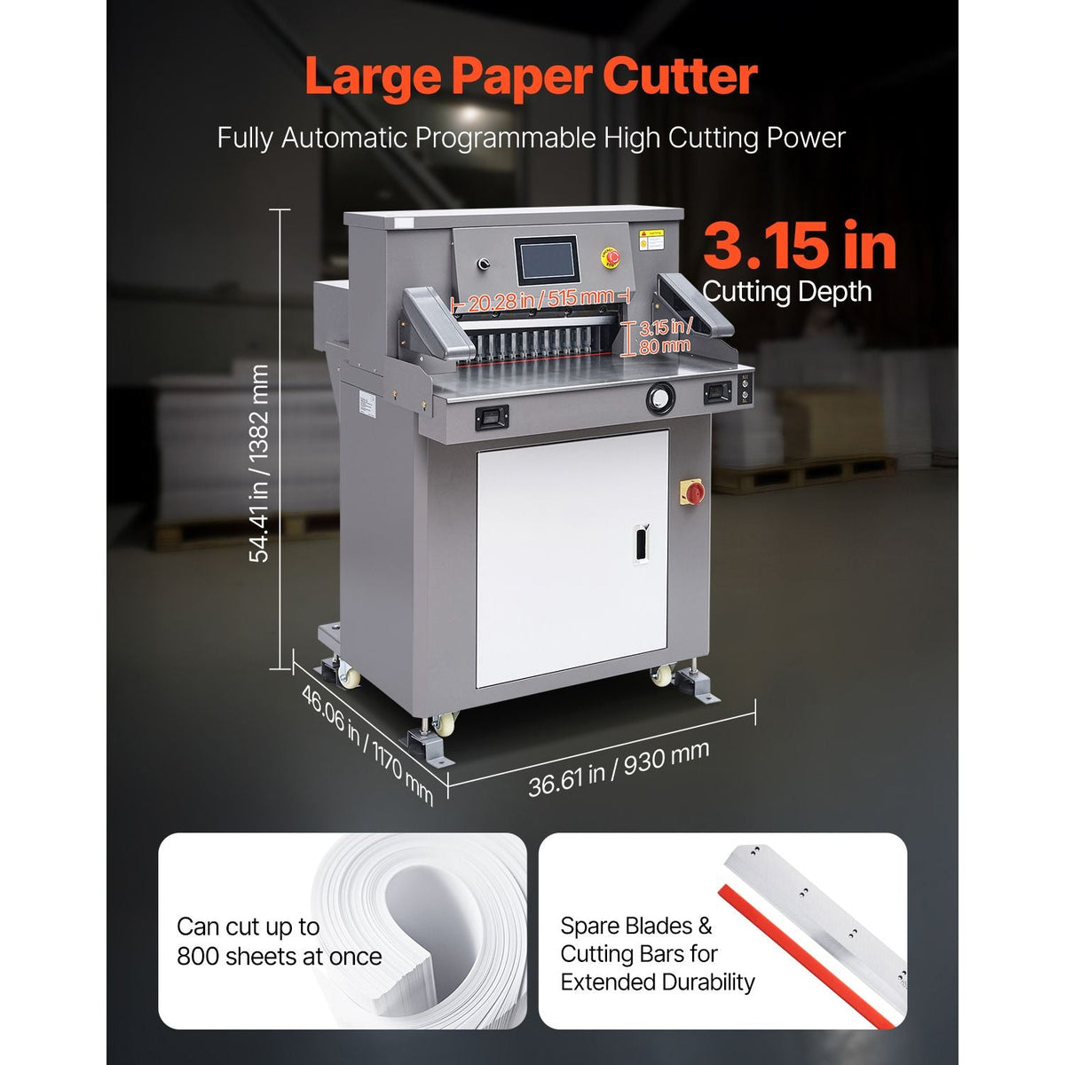 Electric Paper Cutter, 1100W Heavy Duty Paper Cutter Machine 20.3 in / 515 mm Cutting Width, 3.1 in / 80 mm Cutting Thickness, Electric Guillotine Trimmer with Casters & 7 in Touchscreen