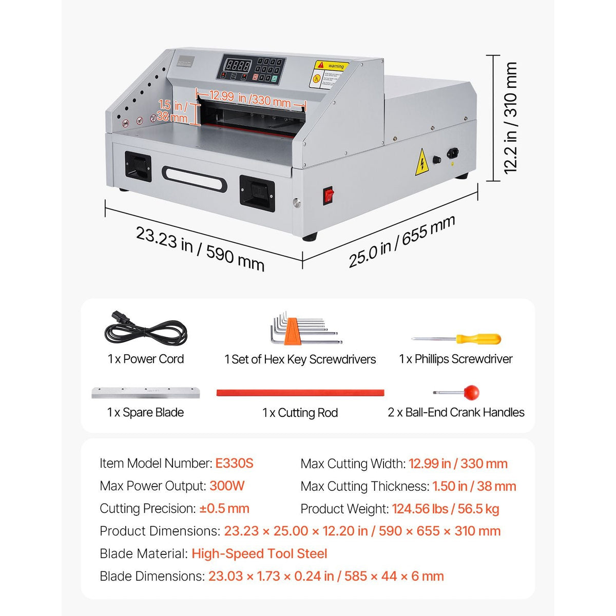 Electric Paper Cutter, 300W Heavy Duty Paper Cutter Machine 11.8 in / 330 mm Cutting Width, 1.5 in / 38 mm Cutting Thickness, Electric Guillotine Trimmer with Casters & Infrared Function