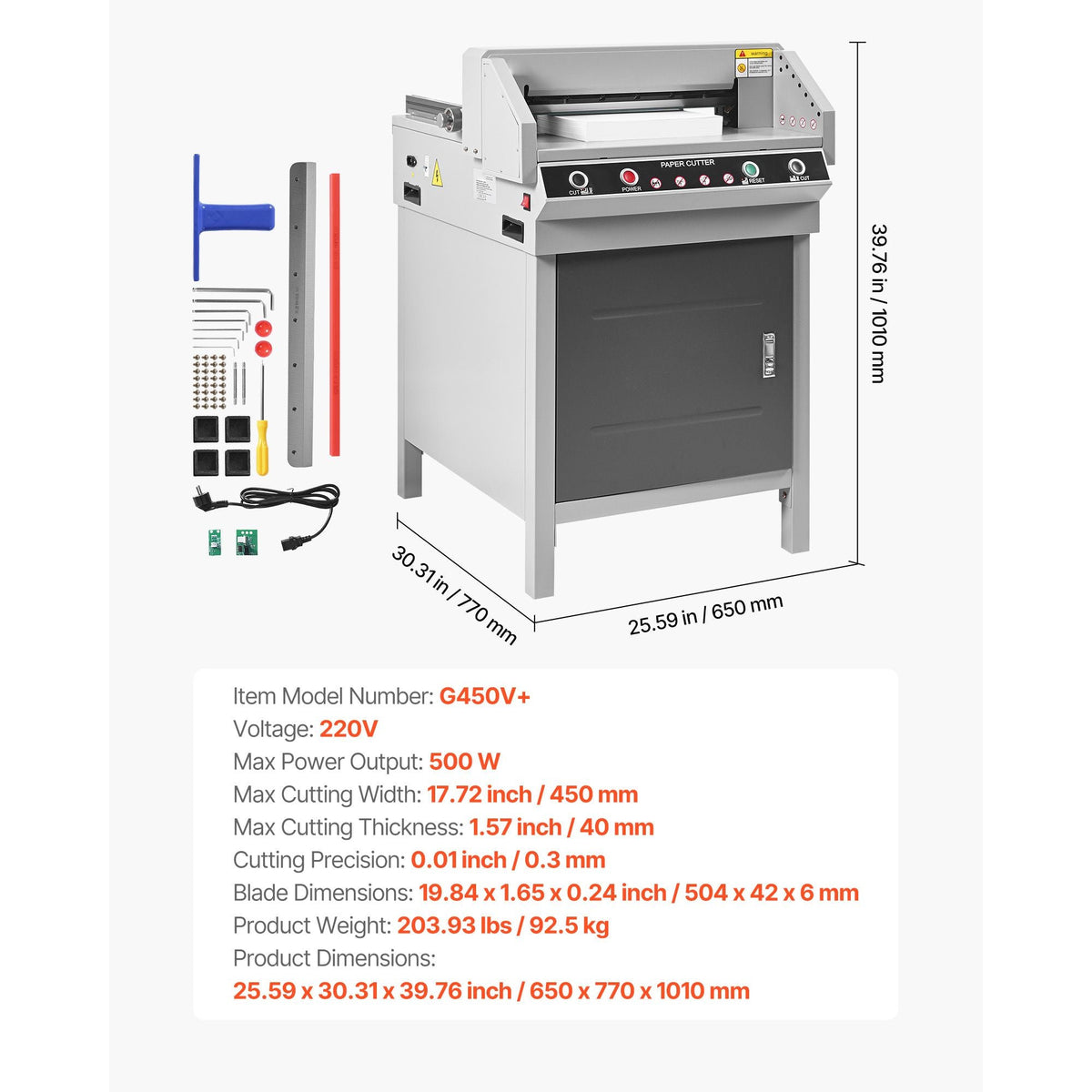 Electric Paper Cutter, Heavy Duty Metal Paper Cutter Machine, 17.72 inch Cutting Width, 1.57 inch Cutting Thickness, Electric Guillotine Trimmer with Infrared Function and Spare Blade