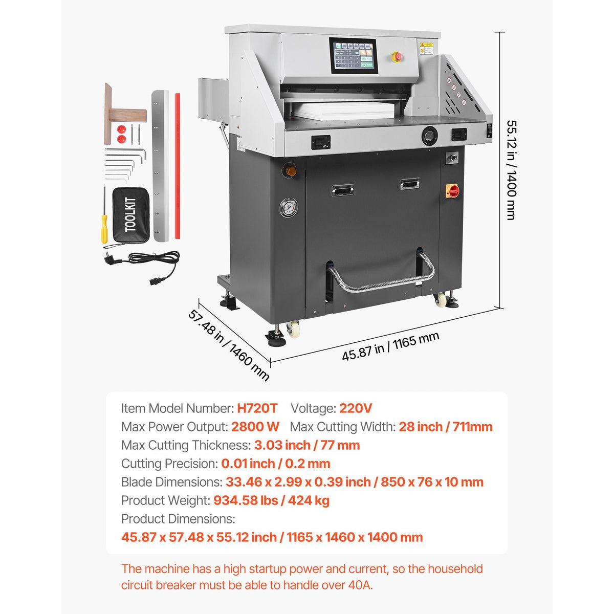 Electric Paper Cutter, Metal Hydraulic Paper Cutter Machine, 28 inch Cutting Width, 3.03 inch Cutting Thickness, Large Size Electric Guillotine Trimmer with Infrared Function and Spare Blade