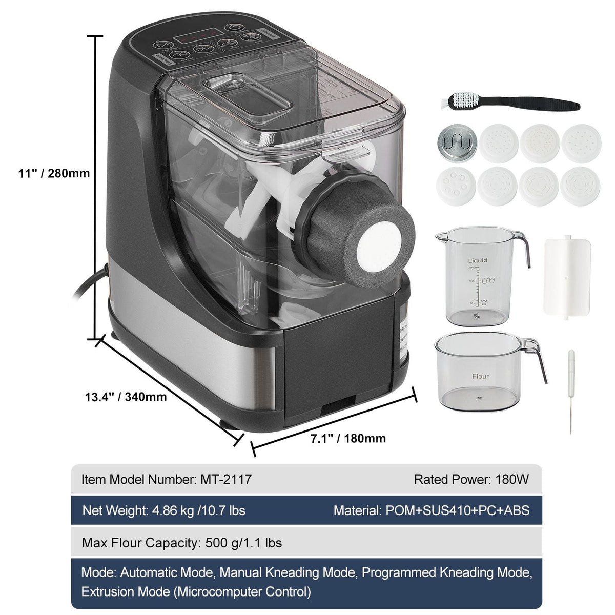 Electric Pasta Maker, 150W Automatic Noodle Maker Machine with 8 Pasta Shapes, 4 Intelligent Modes, 500g Flour Capacity Pasta Maker Machine with Measuring Cups, Cleaning Brush for Home Kitchen