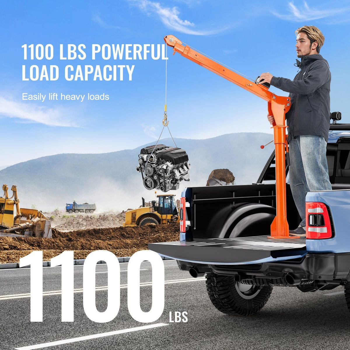 Electric Pickup Truck Crane, 1100 lbs, Folding Truck-Mounted Bed Crane with Electric Winch 3500 lbs, Steel Pickup Truck Jib Crane Hoist 360° Swivel for Lifting Goods in Construction, Factory