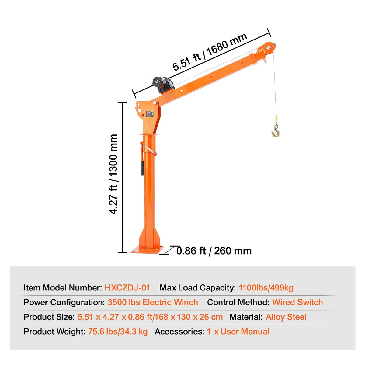Electric Pickup Truck Crane, 1100 lbs, Folding Truck-Mounted Bed Crane with Electric Winch 3500 lbs, Steel Pickup Truck Jib Crane Hoist 360° Swivel for Lifting Goods in Construction, Factory