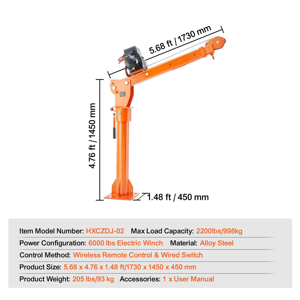 Electric Pickup Truck Crane, 2200 lbs, Folding Truck-Mounted Bed Crane with Electric Winch 6000 lbs, Steel Pickup Truck Jib Crane Hoist 360° Swivel for Lifting Goods in Construction, Factory