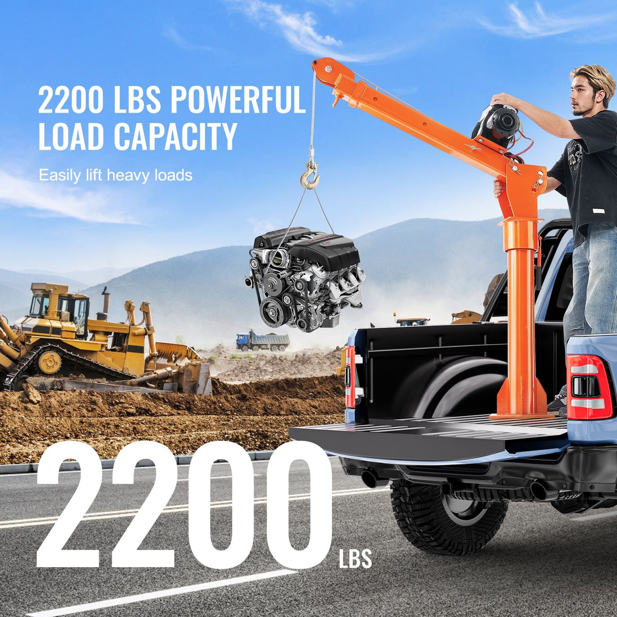 Electric Pickup Truck Crane, 2200 lbs, Folding Truck-Mounted Bed Crane with Electric Winch 6000 lbs, Steel Pickup Truck Jib Crane Hoist 360° Swivel for Lifting Goods in Construction, Factory