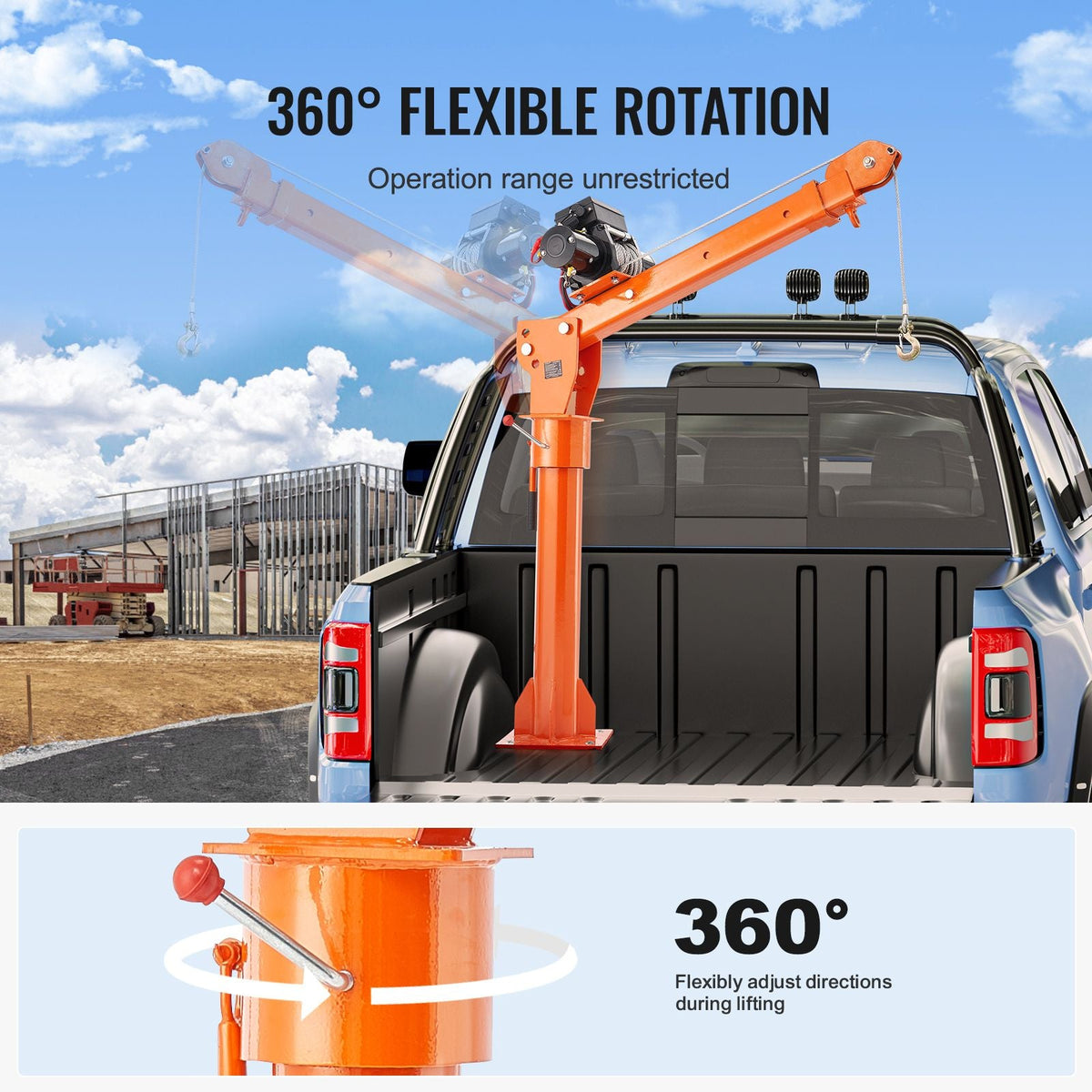 Electric Pickup Truck Crane, 2200 lbs, Folding Truck-Mounted Bed Crane with Electric Winch 6000 lbs, Steel Pickup Truck Jib Crane Hoist 360° Swivel for Lifting Goods in Construction, Factory