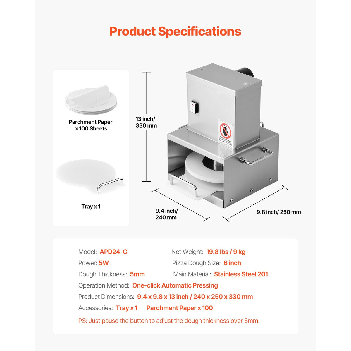 Electric Pizza Dough Press Machine, 6 inch Pizza Pastry Press Plate, Stainless Steel Bread Presser, Adjustable Thickness Commercial Forming Machine, with 100 Pcs Parchment Paper