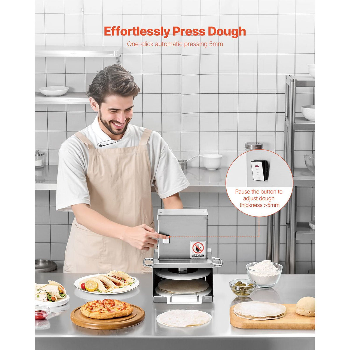 Electric Pizza Dough Press Machine, 6 inch Pizza Pastry Press Plate, Stainless Steel Bread Presser, Adjustable Thickness Commercial Forming Machine, with 100 Pcs Parchment Paper