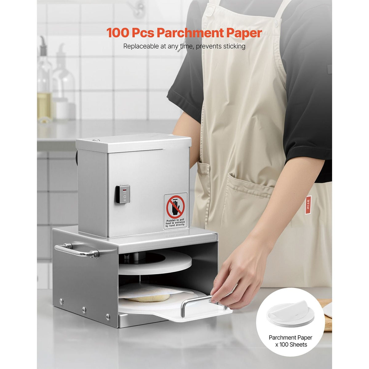 Electric Pizza Dough Press Machine, 6 inch Pizza Pastry Press Plate, Stainless Steel Bread Presser, Adjustable Thickness Commercial Forming Machine, with 100 Pcs Parchment Paper