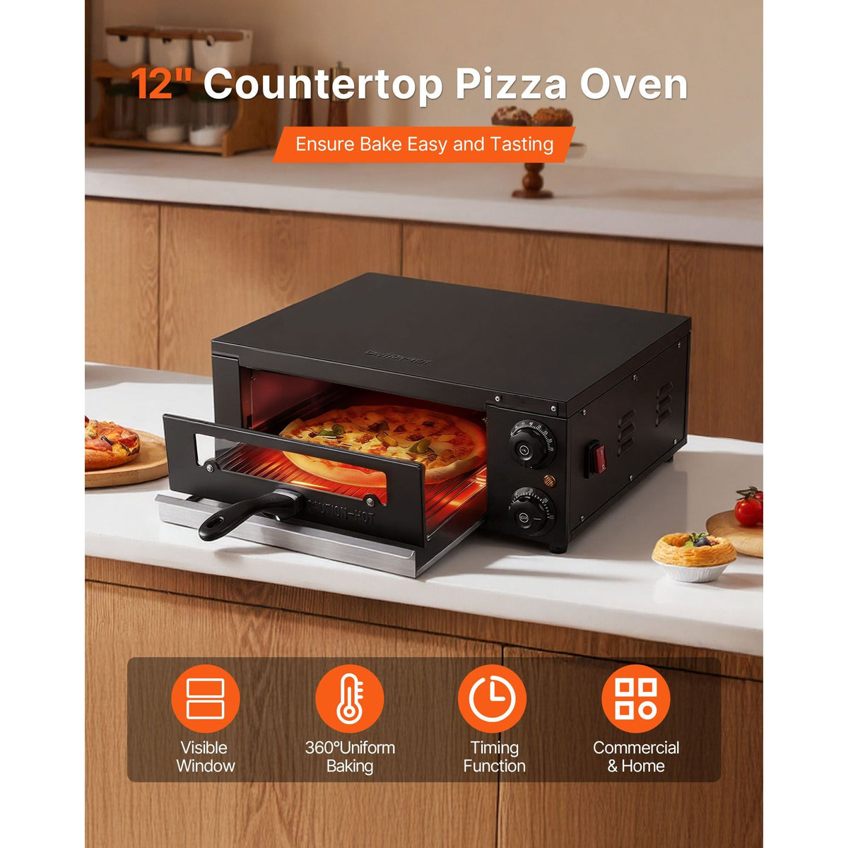 Electric Pizza Oven, 12 in Countertop Pizza Oven, 77 to 572°F Temp Range, 1450W Indoor Pizzas Maker w/Timing & Temp Control, Pizzas Cooker w/Dual Heat Tube, Grill Rack, for Kitchen & Commercial