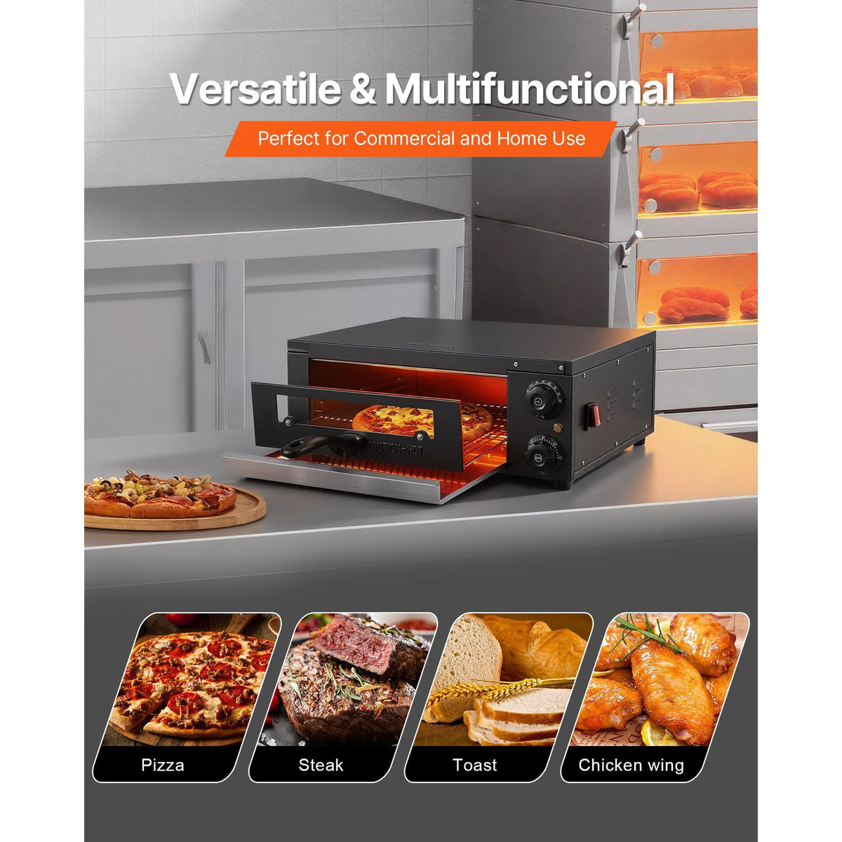 Electric Pizza Oven, 12 in Countertop Pizza Oven, 77 to 572°F Temp Range, 1450W Indoor Pizzas Maker w/Timing & Temp Control, Pizzas Cooker w/Dual Heat Tube, Grill Rack, for Kitchen & Commercial