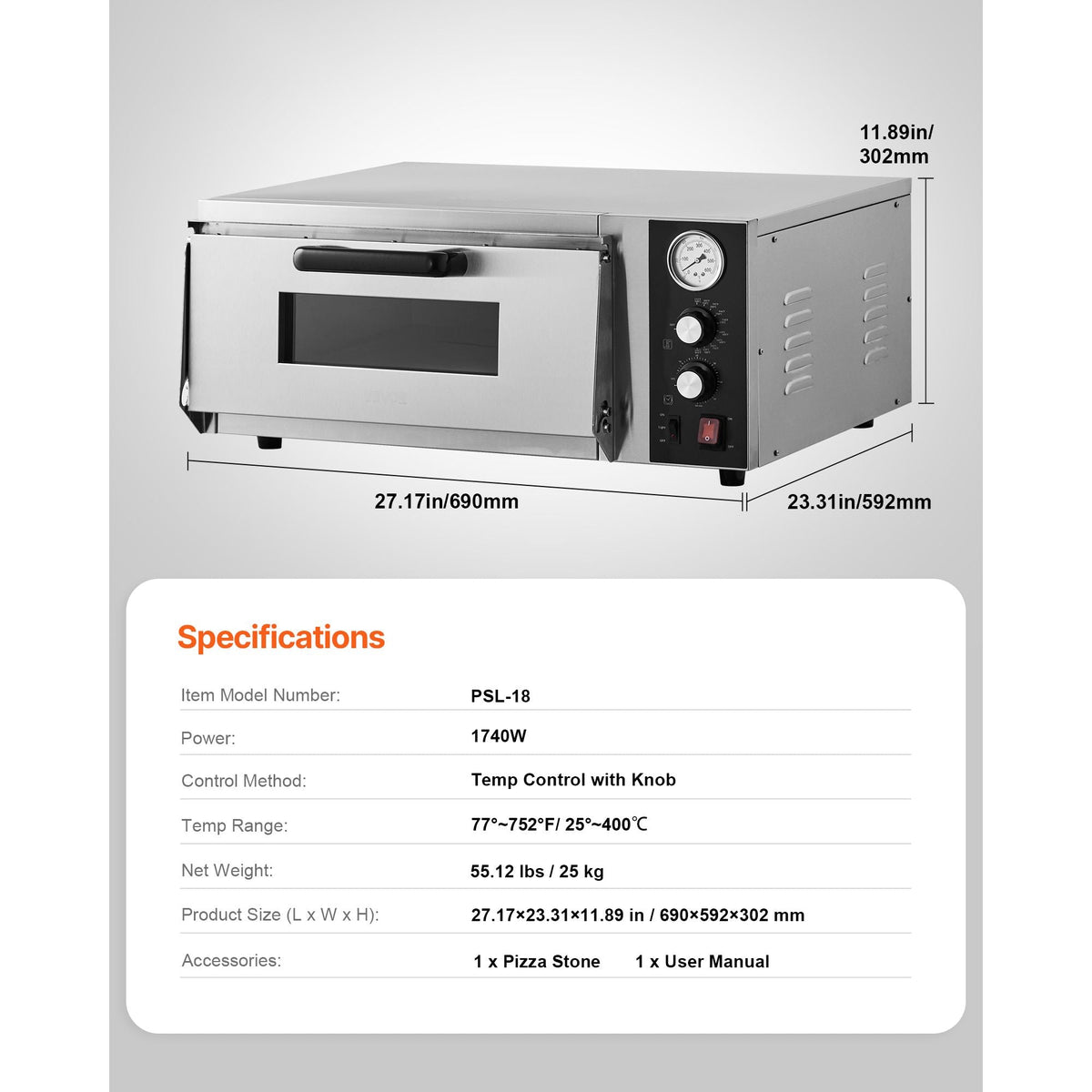 Electric Pizza Oven, 18-Inch Commercial Pizza Ovens, 842 Fahrenheit Max Temp, 1740W Large Pizza Oven Countertop with Temp & Time Control, Built in Thermometer Indoor Pizza Maker