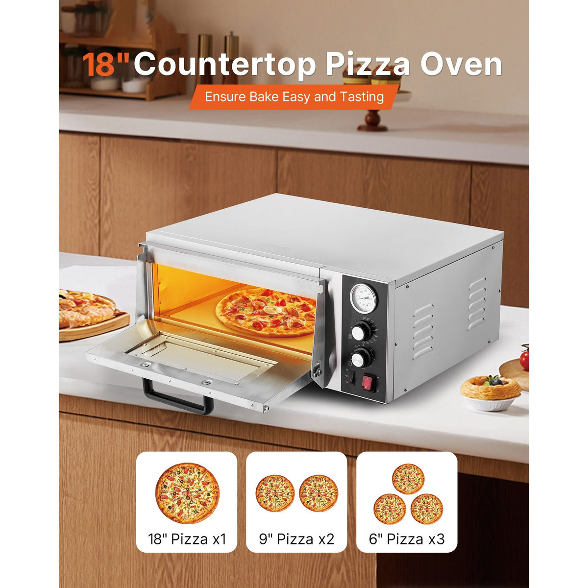 Electric Pizza Oven, 18-Inch Commercial Pizza Ovens, 842 Fahrenheit Max Temp, 1740W Large Pizza Oven Countertop with Temp & Time Control, Built in Thermometer Indoor Pizza Maker