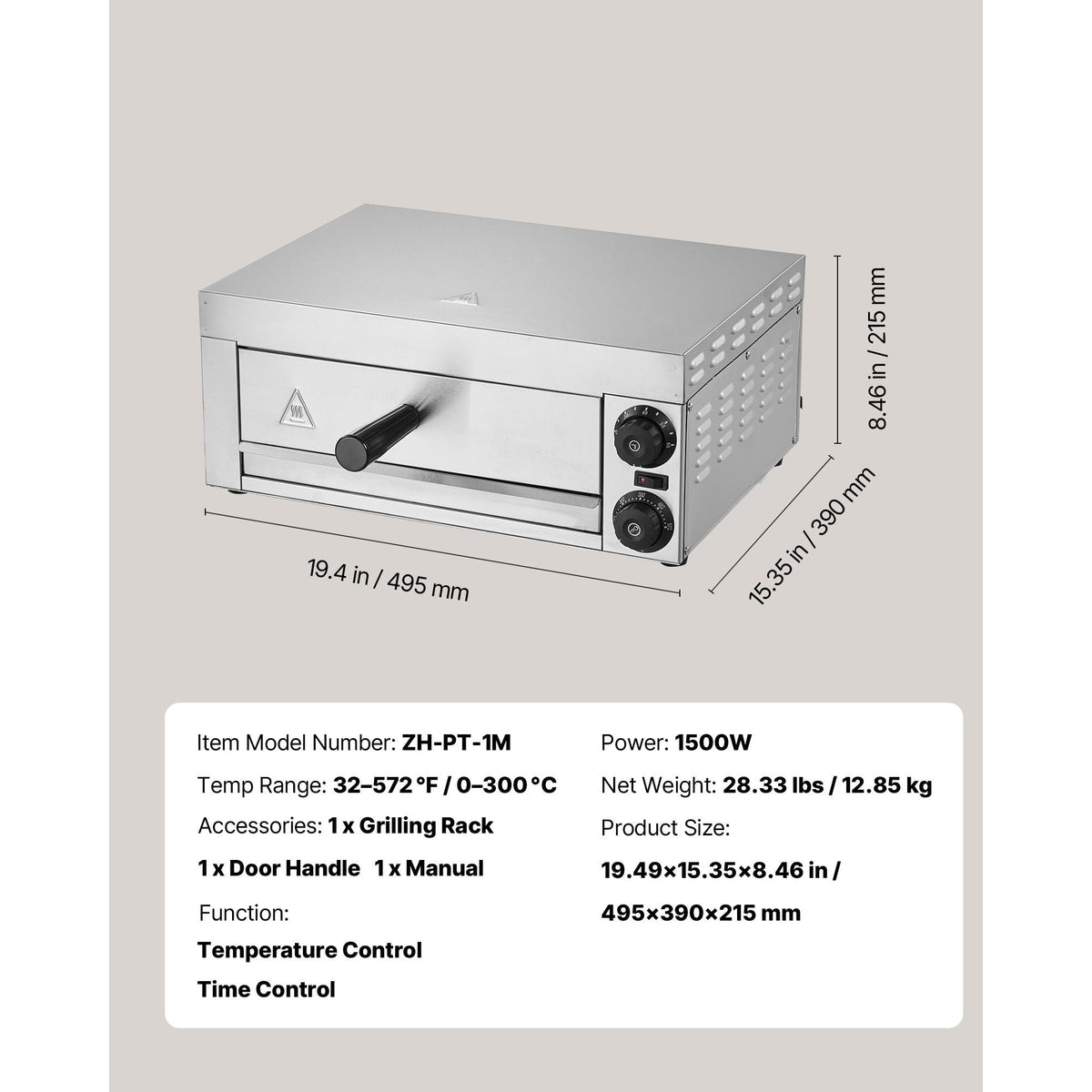Electric Pizza Oven for Countertops, 12-inch, 1500W, with Temp Control & 0-60 Min Timer, Even Baking Technology & Easy Clean Crumb Tray, Ideal for Both Commercial & Home Kitchens