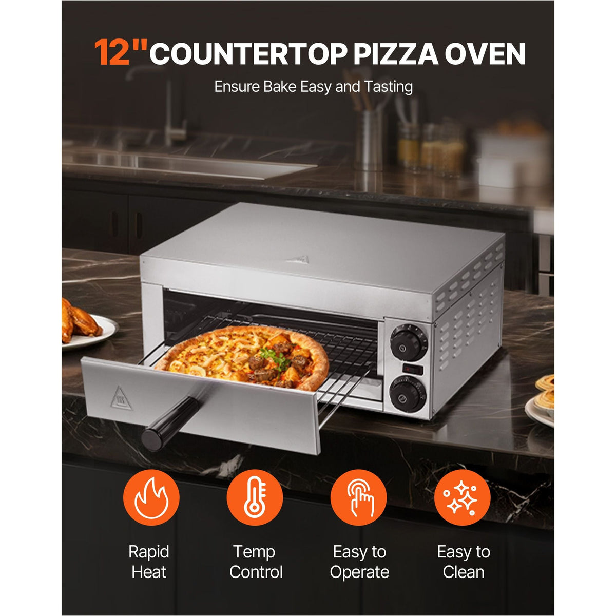 Electric Pizza Oven for Countertops, 12-inch, 1500W, with Temp Control & 0-60 Min Timer, Even Baking Technology & Easy Clean Crumb Tray, Ideal for Both Commercial & Home Kitchens