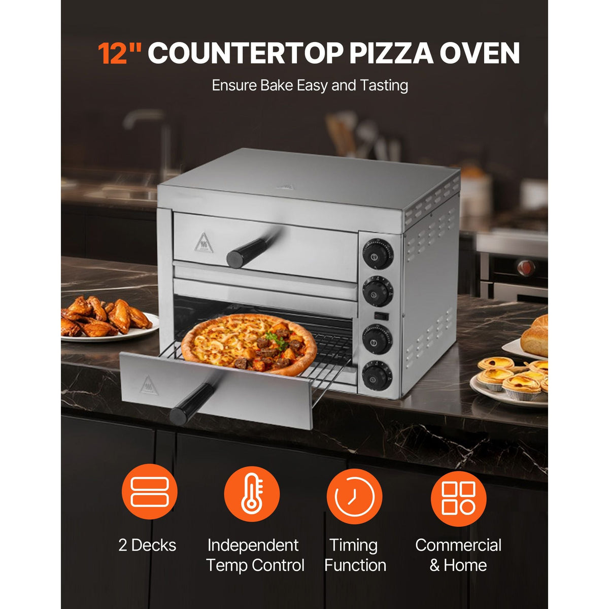 Electric Pizza Oven for Countertops, 12-inch, 1700W, with Temp Control & 0-60 Min Timer, Even Baking Technology & Easy Clean Crumb Tray, Ideal for Both Commercial & Home Kitchens