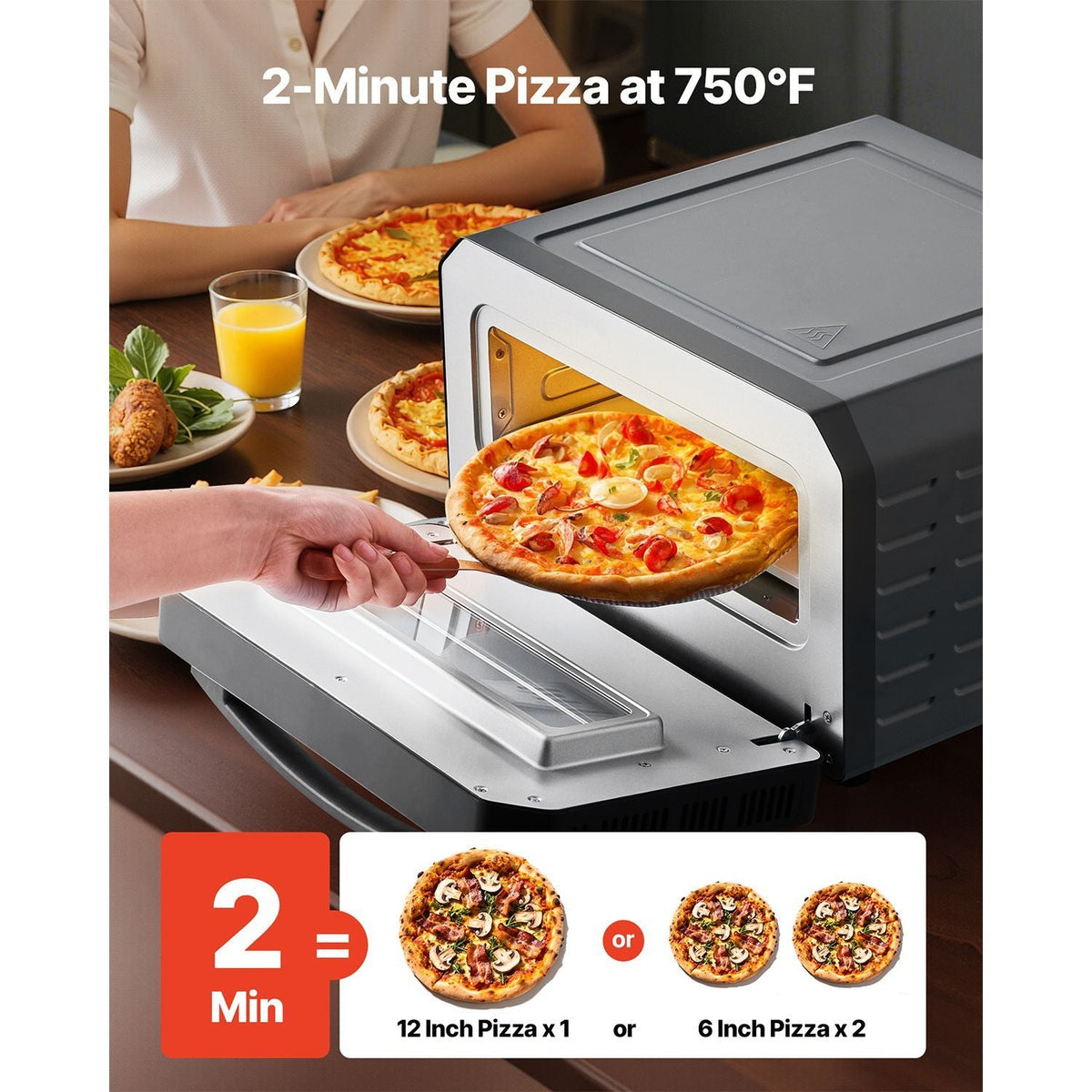 Electric Pizza Oven, Smart Pizzas Maker Indoor with 5 Preset, 12-Inch Countertop Pizza Cooker w/ Touch Screen, 750 Fahrenheit Max Temp, 2-Min Rpaid Baking Oven Thin & Crispy, Neapolitan, Frozen,