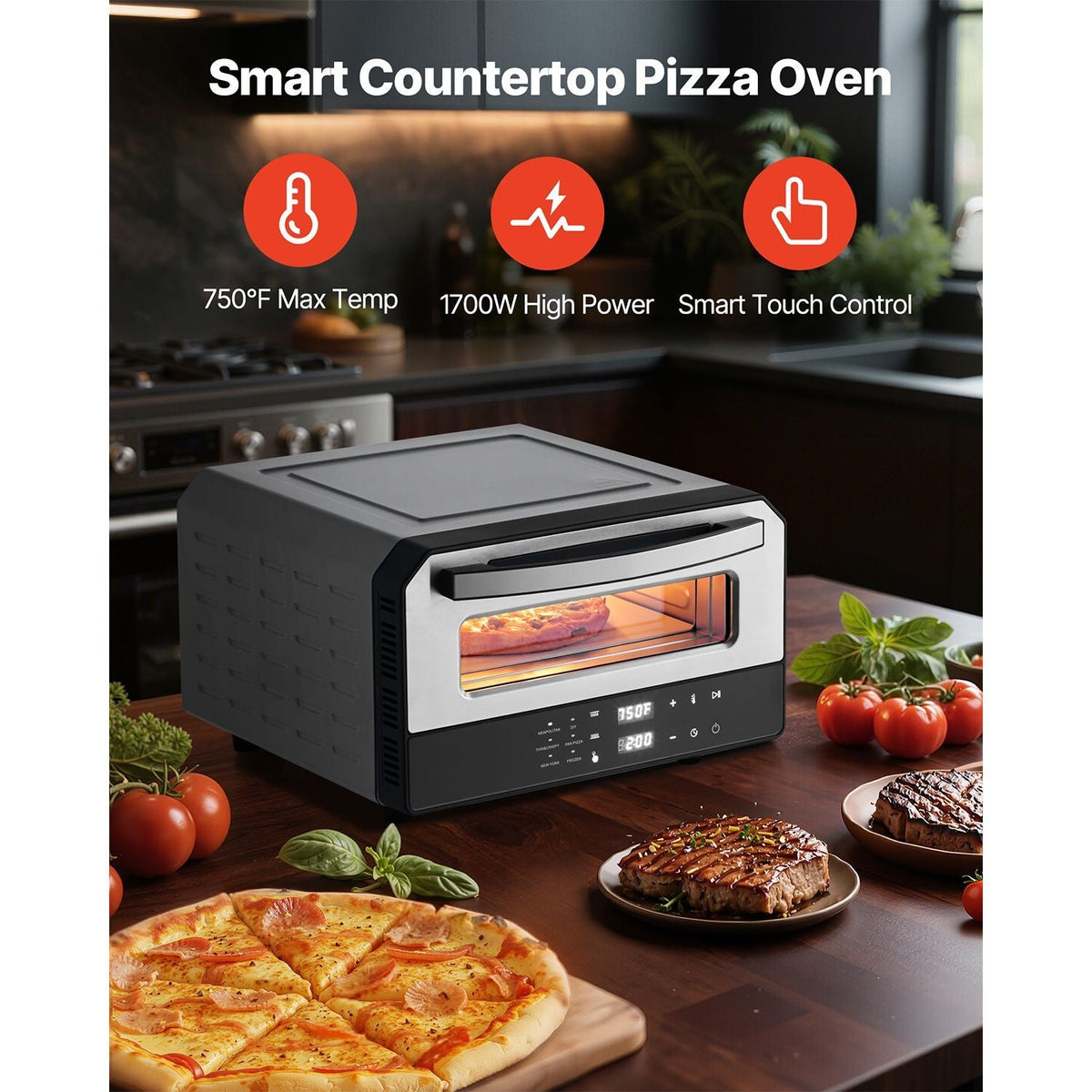 Electric Pizza Oven, Smart Pizzas Maker Indoor with 5 Preset, 12-Inch Countertop Pizza Cooker w/ Touch Screen, 750 Fahrenheit Max Temp, 2-Min Rpaid Baking Oven Thin & Crispy, Neapolitan, Frozen,
