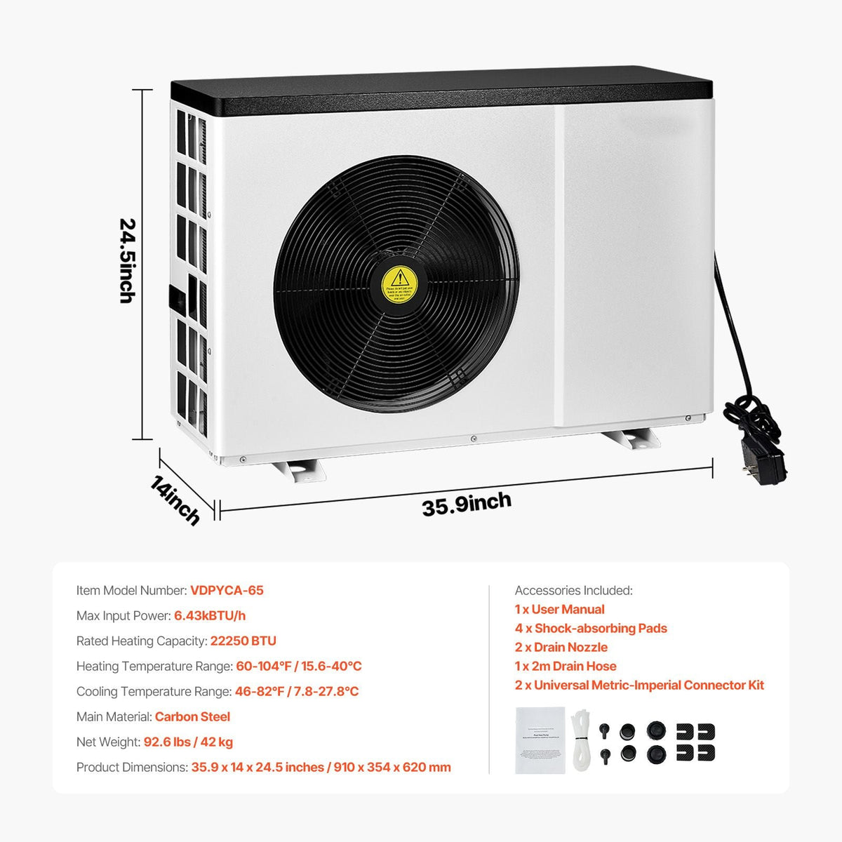 Electric Pool Heat Pump, 22250 BTU, Pool Heaters for 3171-6605GAL Above and In Ground Pools, Low Noise, Heating and Cooling Highly Efficient & Energy-Saving Pool Water Heater AC120V 60Hz