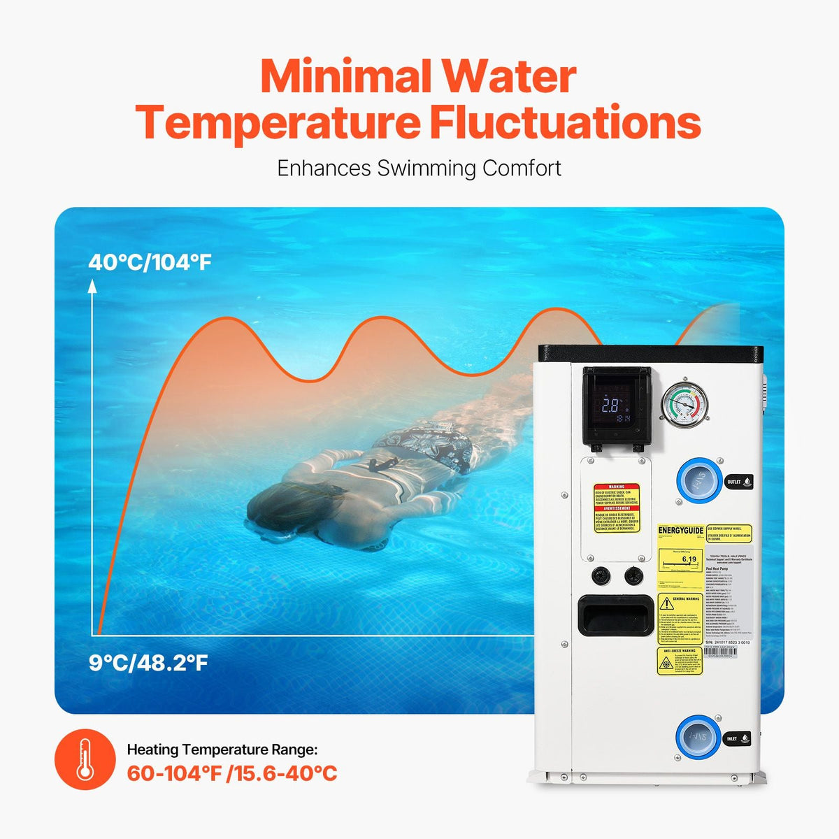 Electric Pool Heat Pump, 35830 BTU, Pool Heaters for 6605-13209GAL Above and In Ground Pools, Low Noise, Heating and Cooling Highly Efficient & Energy-Saving Pool Water Heater AC208-230V 60Hz