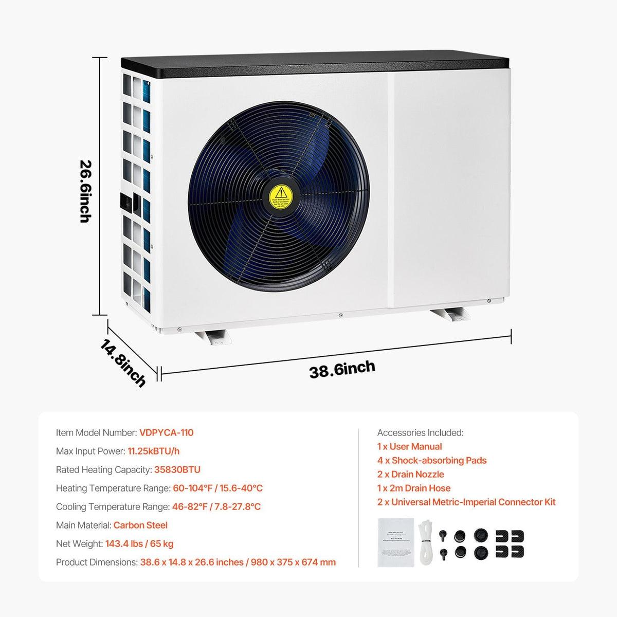 Electric Pool Heat Pump, 35830 BTU, Pool Heaters for 6605-13209GAL Above and In Ground Pools, Low Noise, Heating and Cooling Highly Efficient & Energy-Saving Pool Water Heater AC208-230V 60Hz