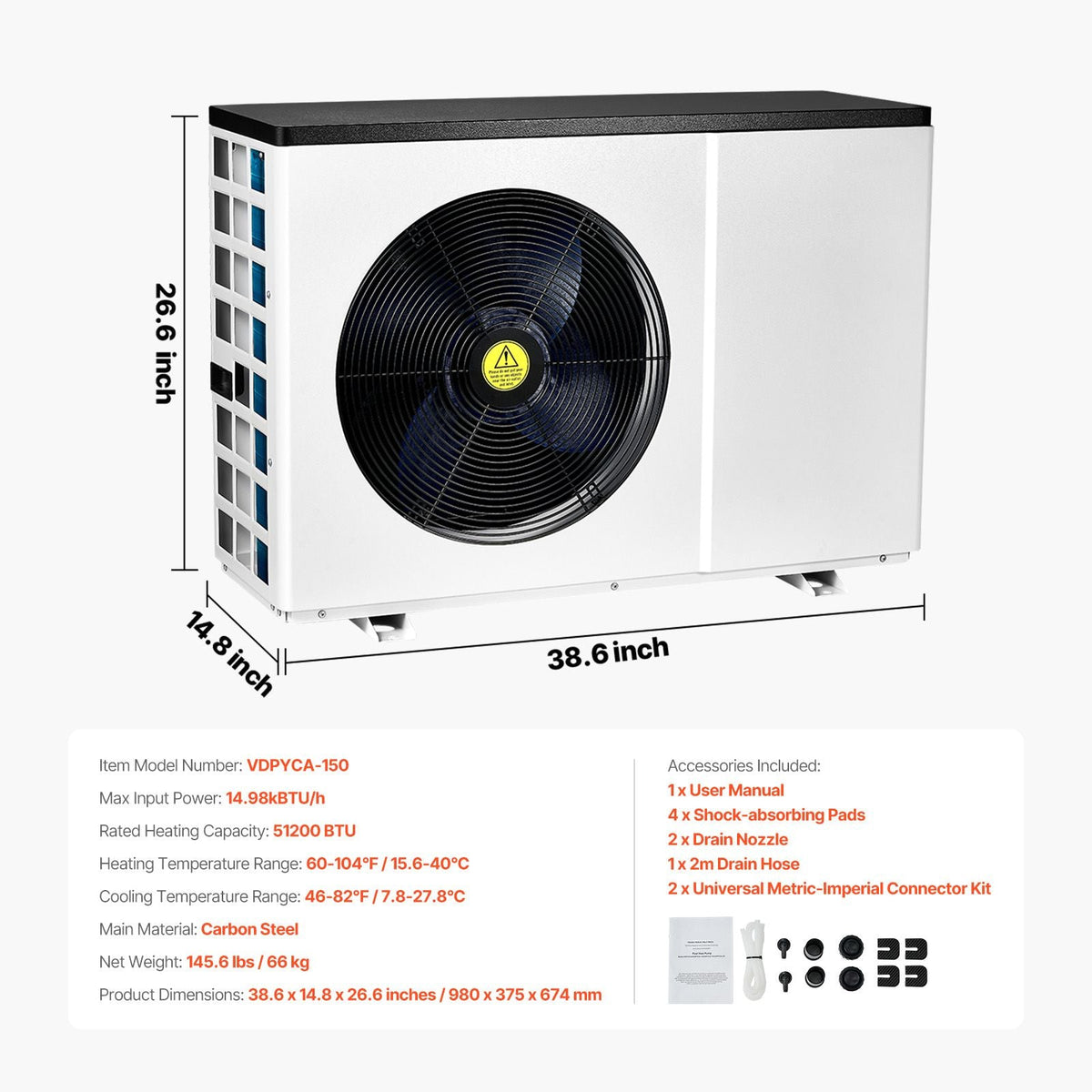 Electric Pool Heat Pump, 51200 BTU, Pool Heaters for 7926-15851GAL Above and In Ground Pools, Low Noise, Heating and Cooling Highly Efficient & Energy-Saving Pool Water Heater AC208-230V 60Hz