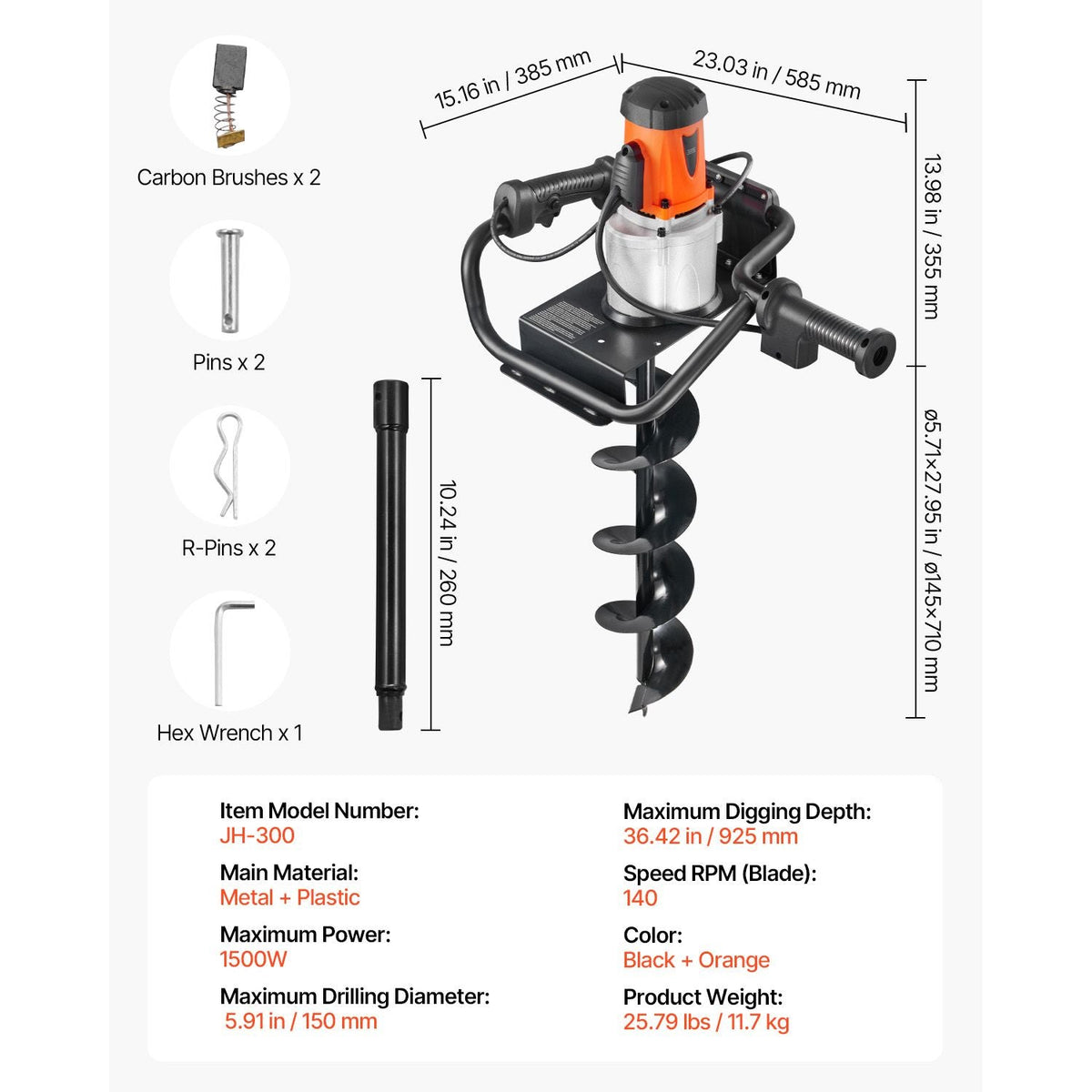 Electric Post Hole Digger, 5.71 in Auger Bit with 1500W Powerful Motor, 140 RPM Alloy Steel Earth Auger Drill Bit with 10.24 in Extension Rod, for Post Hole Digging, Drilling & Tree Planting