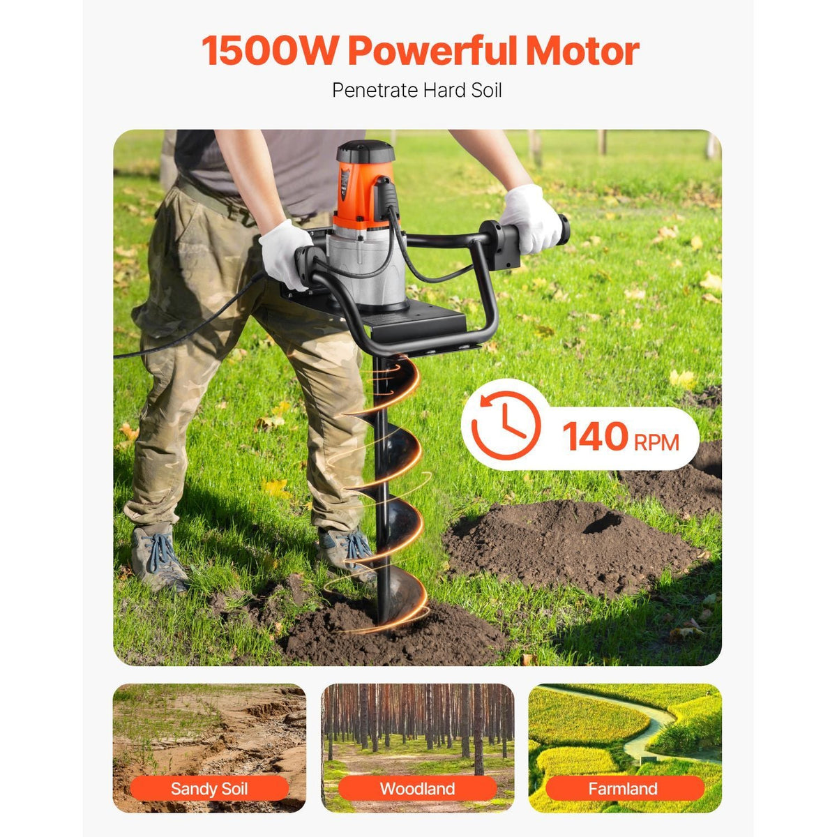Electric Post Hole Digger, 5.71 in Auger Bit with 1500W Powerful Motor, 140 RPM Alloy Steel Earth Auger Drill Bit with 10.24 in Extension Rod, for Post Hole Digging, Drilling & Tree Planting