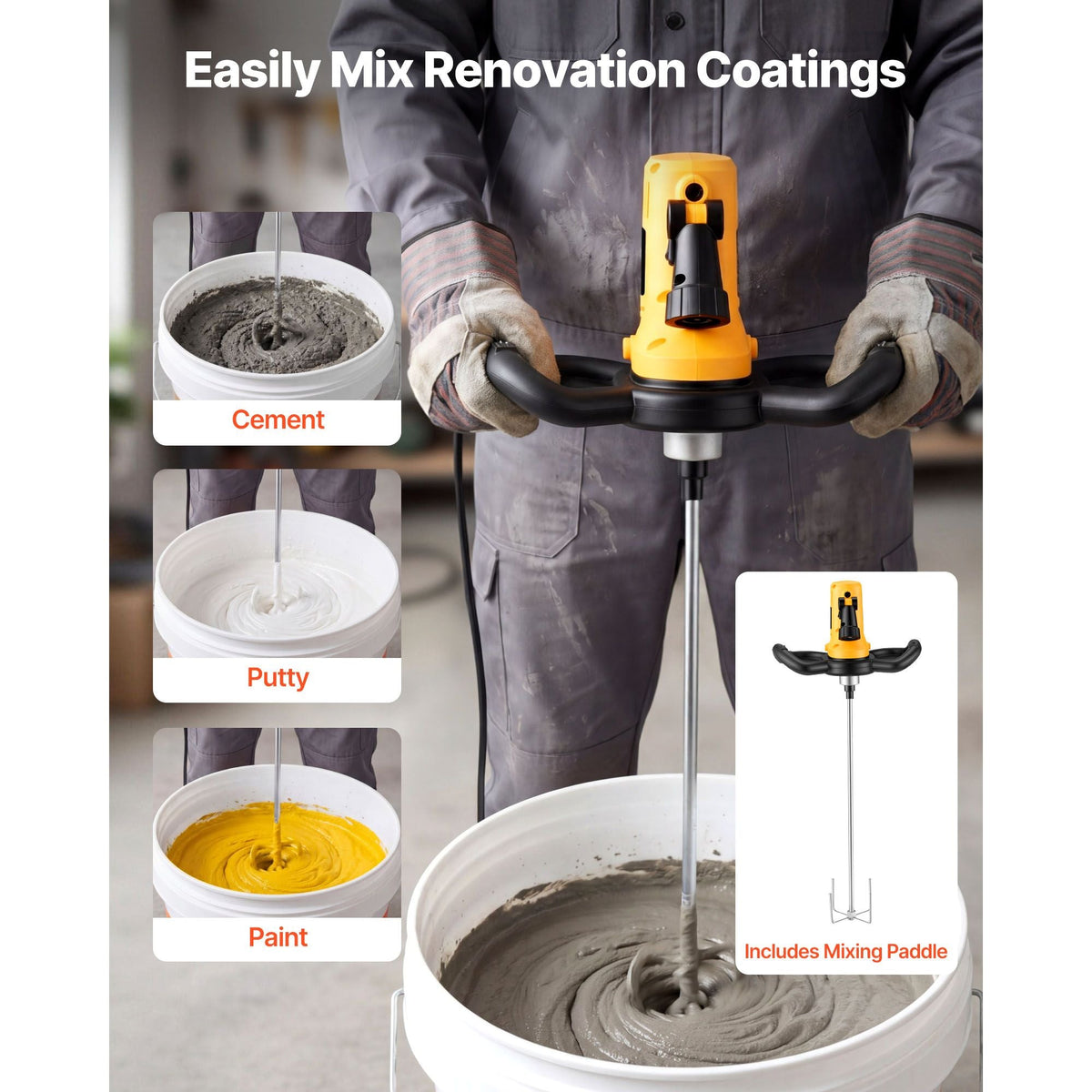 Electric Power Trowel, 800W Concrete Finishing Machine Corded with Mixing Rod, 6-Speed Adjustable 120–200 RPM, Steel & Plastic Trowel Discs, Extension Handle, Floor Smoothing Cement Finisher