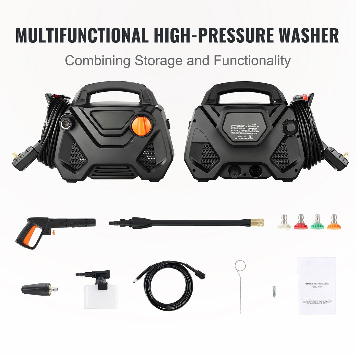 Electric Pressure Washer, 2150-PSI 1.85-GPM, Foam Cannon High-Pressure with 5 Different Nozzle, 20ft Hose/35ft Cord Lightweight Washer, Portable Cleans Cars/Fences/Patios/Furniture/Floor/Window